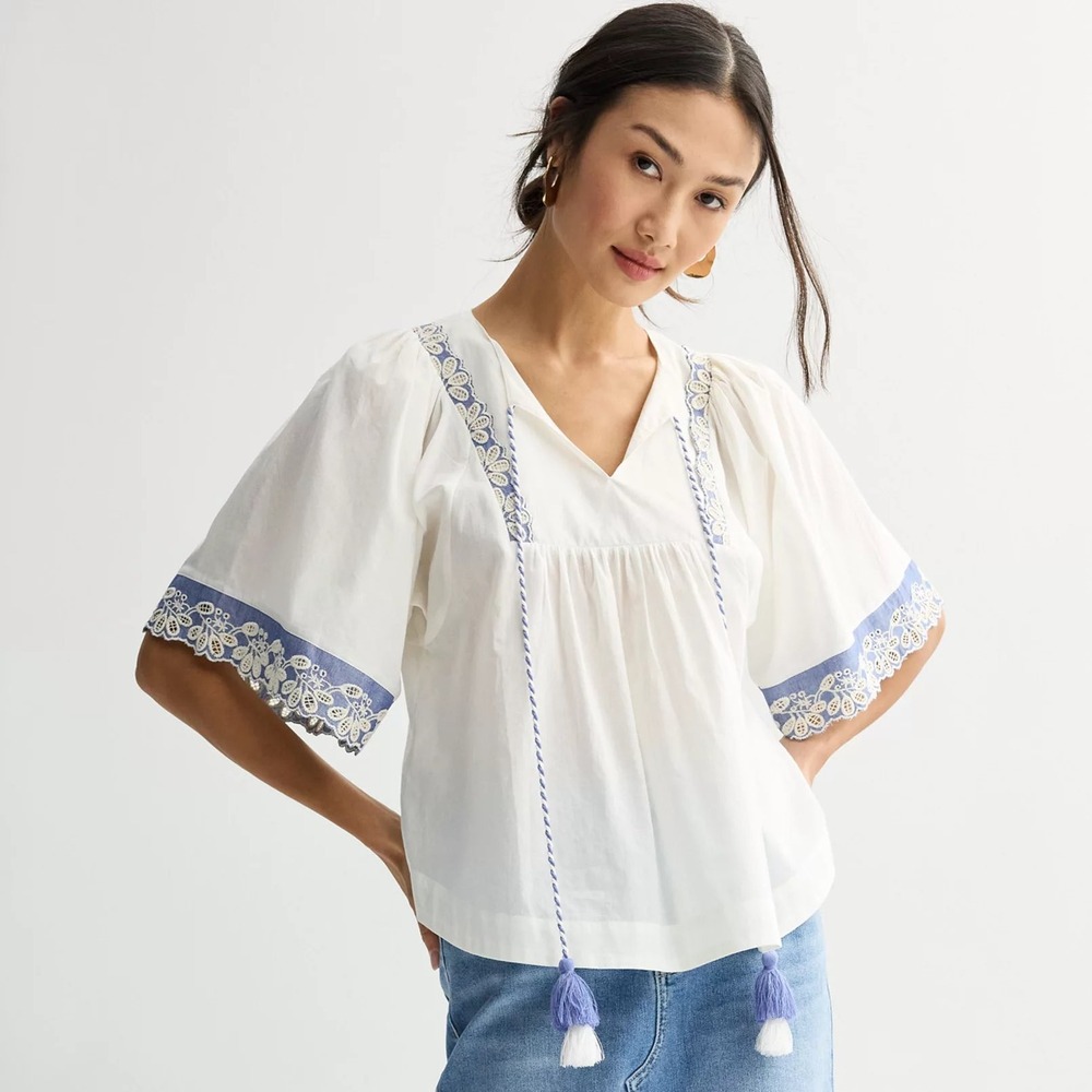 Farmer's Market Women's Large White Cotton Tie Front Boho Blouse Embroidered EUC
